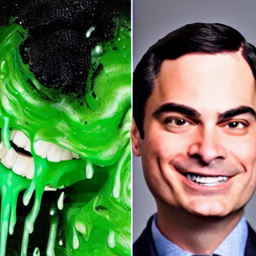 Prompt: ben shapiro with big horns and long curls, sinister smile with green slime dripping from mouth, dollar signs, cinematic