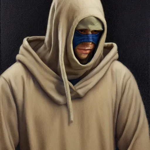 Image similar to portrait of a man wearing a balaclava and a hoodie, by gerald brom