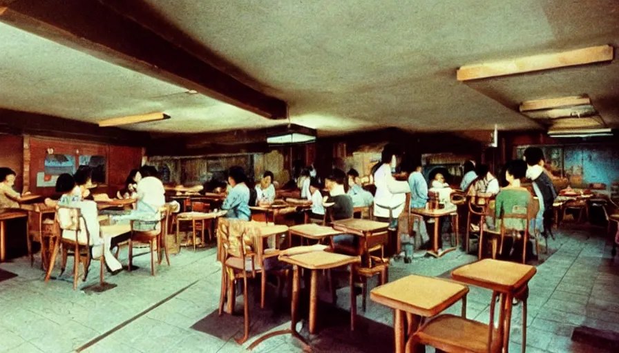 Image similar to 70s movie still of north korean restaurant, eastmancolor, heavy grain, high quality, higly detailed