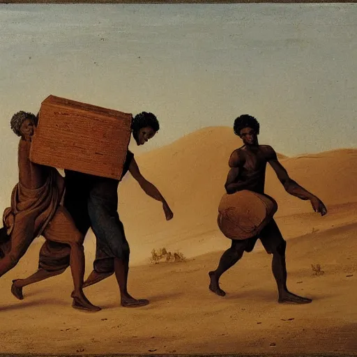 Prompt: Three men carrying a chest in the desert by finlay virgil