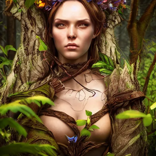 Image similar to high definition digital fantasy character art, hyper realistic face, hyperrealism, elemental guardian of life, forest dryad, woody foliage, 8 k dop dof hdr fantasy character art, by aleski briclot and alexander'hollllow'fedosav and laura zalenga