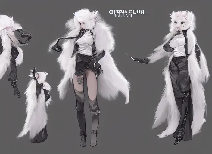 Image similar to character sheet for a beautiful and cute girl with a long white fur coat for genshin impact by greg rutkowski, black to light white fade hair, genshin impact style, ghibli, fashion design, overwatch style, sorcerer magic witch, digital art, trending on artstation, hd, 8 k, highly detailed, good lighting, beautiful, masterpiece