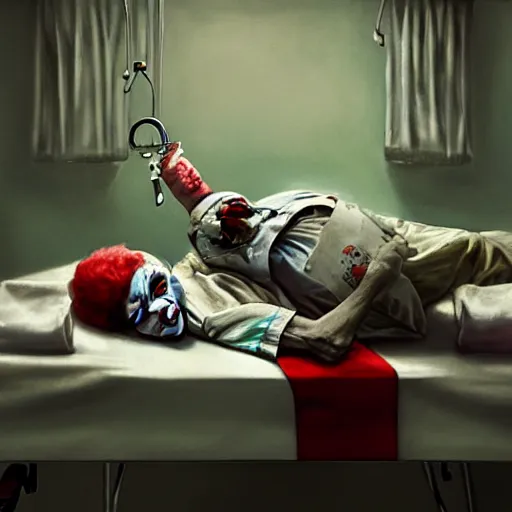 Image similar to hysterical and crazy elderly clown lying in hospital bed with wrist restraints on, restraints attached to hospital bed siderails, greg rutkowski, photograph, 8 k