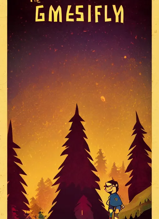 Image similar to Russian bootleg gravity falls poster, dramatic theming, disney animated series, mood lighting, unfortunate, hand painted cartoon art style, brutal, autumn, golden sunset, nostalgia, scenic, with text, 8k, award winning