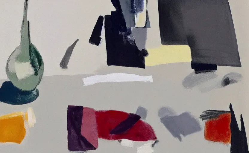 Prompt: minimal in the style of ivon hitchins. still life on a table. drawing on painting, brush marks. expressive abstraction.. in the style of john craxton