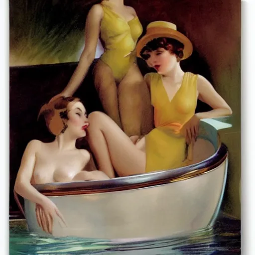 Image similar to three friends in a tub, art by edward mason eggleston, olivia, coby whitmore, rolf armstrong, wlop