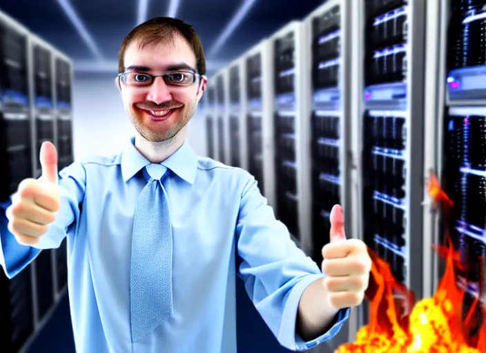 Image similar to A system administrator doing a thumb up to the camera in front on burning servers, servers in flames, happy system administrator doing a thumb up, uncropped, full body