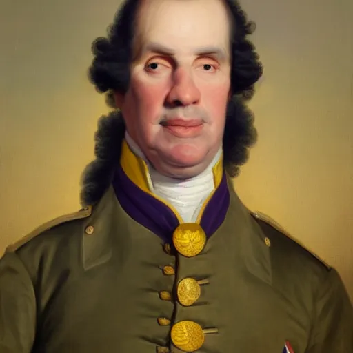 Prompt: facial portrait of the los angeles lakers dictator in military uniform, 1 7 8 0, oil on canvas by william sidney mount, oil on canvas, octane render