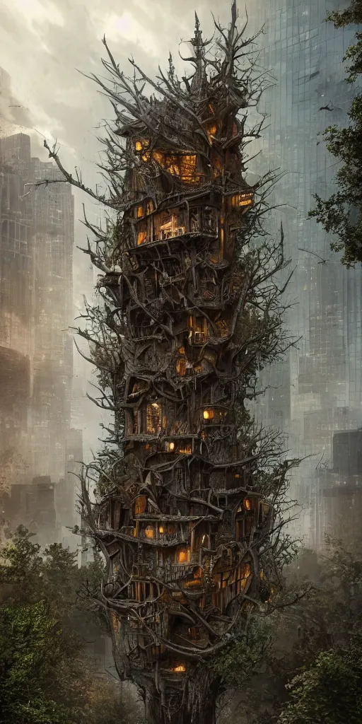 Prompt: ultra realistic and intricate detailed giant villain tech treehouse on the middle of the city, evil, devil, bloody, night, high technology, innovation, Dark evil style, artstation, unreal render, depth of field, ambient lighting, award winning, stunning