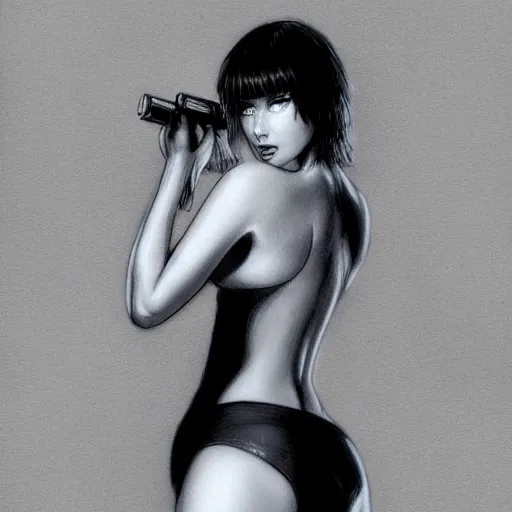 Image similar to beautiful joi from blade runner in a bikini on the beach drawn by artgerm