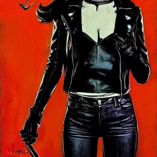 Prompt: Rafael Albuquerque art, Norman Rockwell, pretty Margot Robbie vampire sharp teeth evil smile, 5 long sharp fingers, symmetrical face symmetrical eyes, leather jacket, jeans