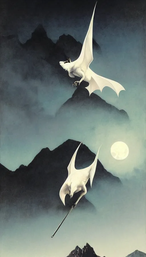 Image similar to a white bat, flying against a dark black night sky, mountain in the background, moonlight, denoised, very detailed, painted by, norman rockwell, tom bagshaw