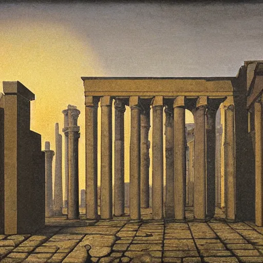 Image similar to an old ruin of a city with a soft hivernal light painting by de chirico