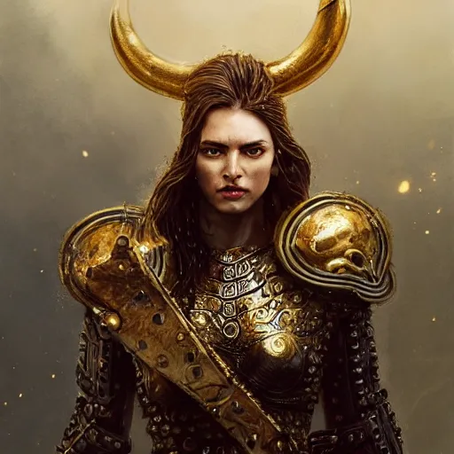 Image similar to Portrait of a majestic fierce viking woman, highly detailed, gold plated armor, cinematic, 8k, 1080s, by Stanley Artgermm, Tom Bagshaw, Greg Rutkowski, Vincent di Fate, Carne Griffiths, Ayami Kojima, trending on DeviantArt, hyper detailed, full of color, digital art,