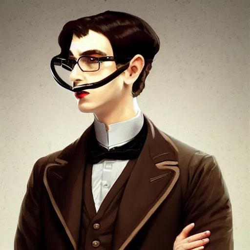 Prompt: a victorian doctor with a gun, young man, clean shaven, pale skin, vampire, dark brown duster, short brown hair, brooding, character art, full body art, Dungeons and Dragons, D&D, trending on artstation, artgerm, 4k ultra hd, sharp focus, digital art by Ilya Kuvshinov and Ross Tran,