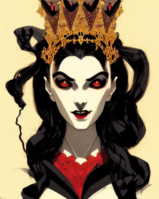 Image similar to beautiful vampire queen with crown, symmetrical face, evil, portrait, cinematic, dramatic, powerful, super detailed and intricate, by koson ohara, by darwyn cooke, by greg rutkowski, by satoshi kon