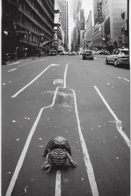 Image similar to photo polaroid of a ninja turtle in the middle of a New York street, loneliness, war, black and white ,photorealistic, 35mm film,