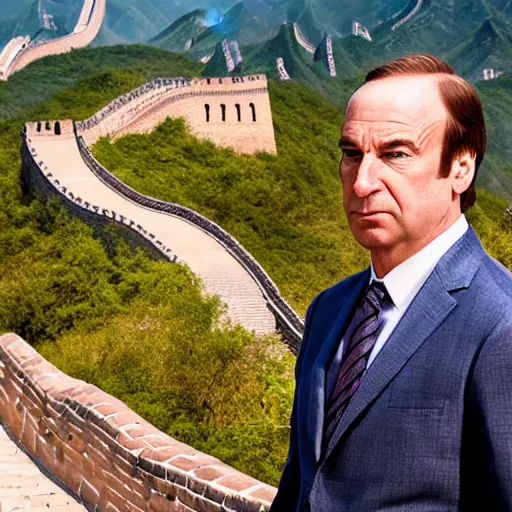 Image similar to saul goodman next to the great wall of china, hyper realistic, smooth lighting, mid shot