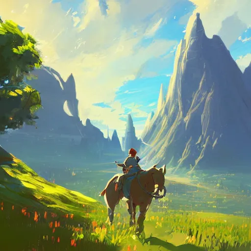 Prompt: landscape painting, digital art, lasso tool, large brushstrokes, photoshop brush, environment concept art, by rossdraws, breath of the wild, ghibli