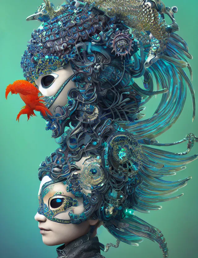 Image similar to 3 d goddess close - up profile solarpunk portrait ram skull. beautiful intricately detailed japanese crow kitsune mask and clasical japanese kimono. betta fish, jellyfish phoenix, bio luminescent, plasma, ice, water, wind, creature, artwork by tooth wu and wlop and beeple and greg rutkowski