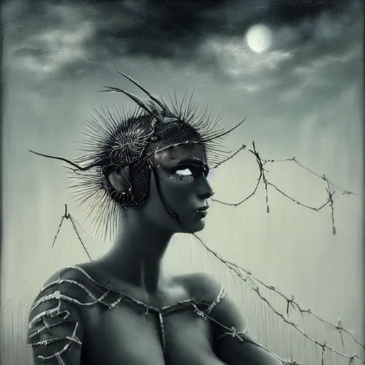 Image similar to By Tom Bagshaw, ultra realist soft painting of curiosity carnival by night, Heart attached in barbed wires, symmetry accurate features, very intricate details, ominous sky, black and white, volumetric light clouds