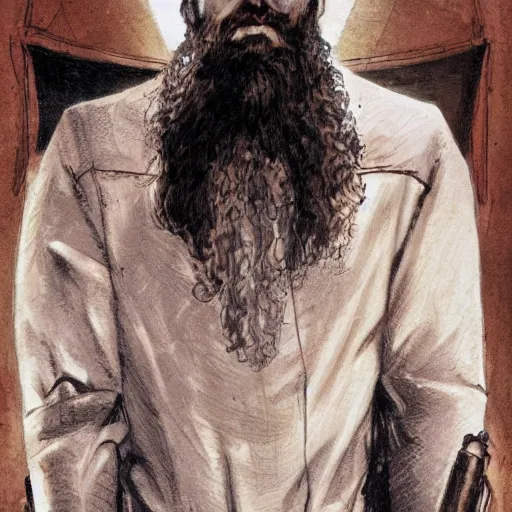 Prompt: portrait of a young bearded man, in the style of Enki Bilal and Joe Jusko and Alex Ross