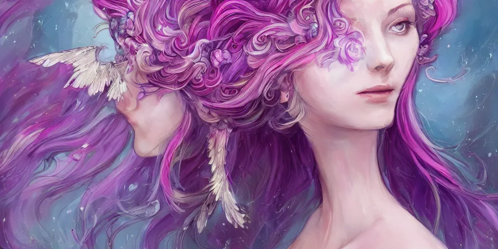 Prompt: a colorful and provenance portrait painting of a fantasy female with beautiful face and her huge floral vibrant wings spread out gracefully, purple and pink shades ， detailed, highly detailed, hair made of hair made of air wind and curling smoke, mist, dust, genie, spirit fantasy concept art ， art by charlie bowater and by aenami, trending on artstation.