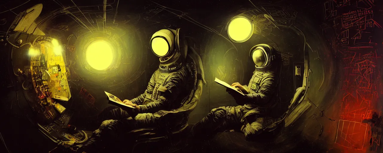 Image similar to dark scifi illustration 3 / 4 portrait of a astronaut reading necronomicon. cinematic lighting mad scientist style. golden ratio accidental renaissance. in the style of dave mckean and jean michel basquiat. graffiti art, scifi, fantasy, hyper detailed. octane render. concept art. trending on artstation