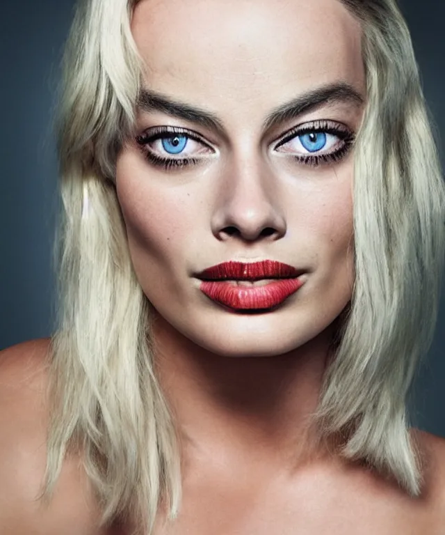 Image similar to photo of margot robbie, platinum blond, intense, exaggerated facial features, photorealistic caricature, by sebastian kruger