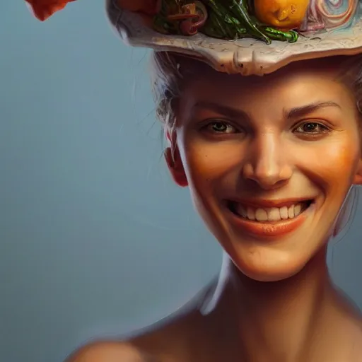 Image similar to an insanely detailed portrait of a smiling beautiful woman facing you, highly detailed features, cutting vegetables, kitchen in background, in the style of peter mohrbacher, artgerm, dramatic lighting and composition, octane render, trending on artstation, concept art 8 k