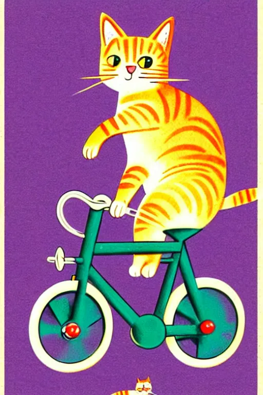 Image similar to a 1 9 5 0 s retro illustration. a cat riding a bike. by richard scarry. muted colors, detailed