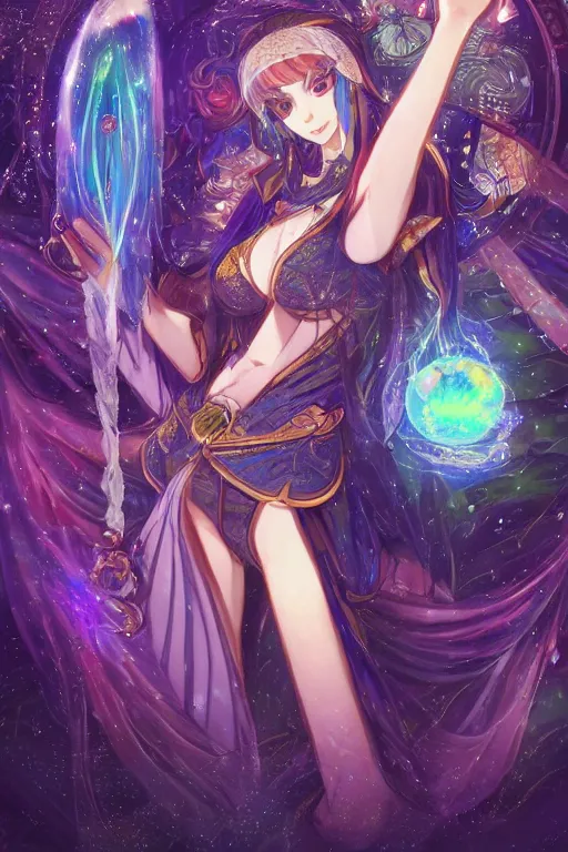 Prompt: acid trip, hall of mirrors, intricate, highly detailed, anime, 4k, a beautiful seductive lucina from fire emblem holding a crystal containing the universe, with professional makeup, long trippy hair, surrounded by gems, underneath the stars, trending on patreon, deviantart, twitter, artstation, volumetric lighting, heavy contrast, by artgerm and Ilya Kuvshinov and alphonse mucha