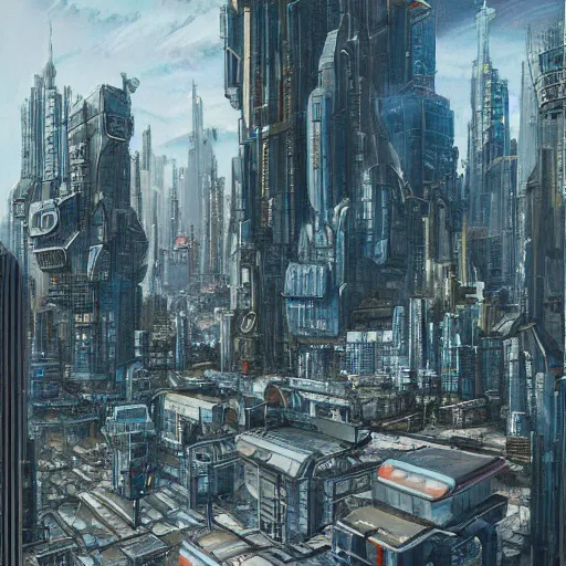 Prompt: highly detailed futuristic city t - 1 0 0 cityscape, katsuhiro otomo style painting