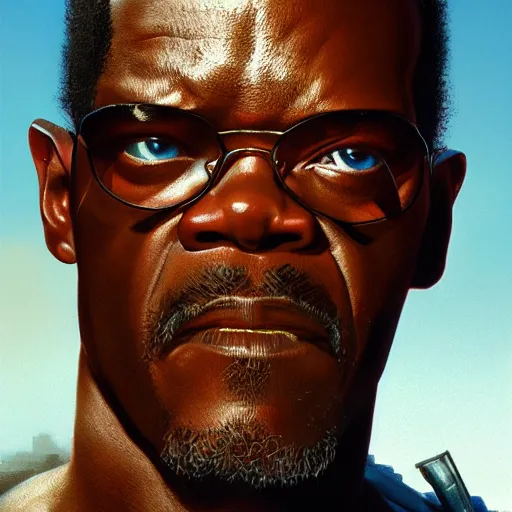 Image similar to closeup portrait of a young samuel jackson as the terminator, city background, dramatic light, gorgeous view, depth, high detail, digital art, painted by greg rutkowski, trending on artstation