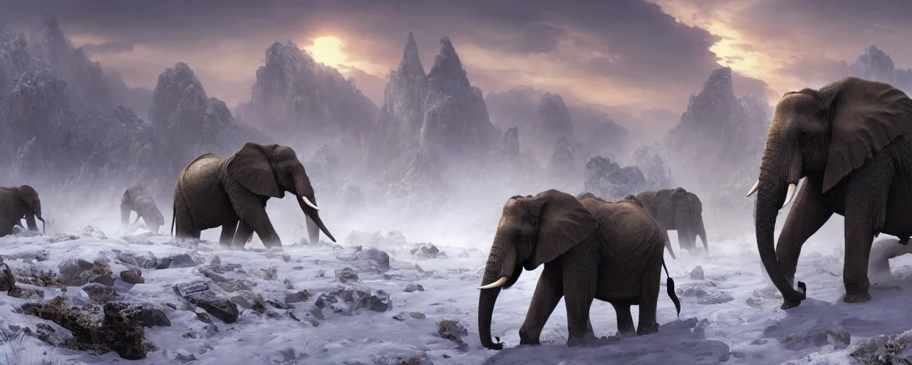 Prompt: African war elephants wearing battle armor fighting in snow mountain landscape, beautiful dynamic lighting, cinematic, wide angle establishing shot, extremely high detail, photo realistic, cinematic lighting, post processed, concept art, artstation, matte painting, style by frederic church, raphael lacoste, unreal engine 8k