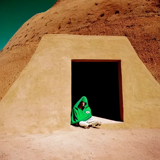 Image similar to a man wearing a green hoodie sitting outside a Non-Euclidean orb-like clay house sitting in the desert, vintage photo, beautiful cinematography, blue sky, film grain, wide angle, far away, James Turrell