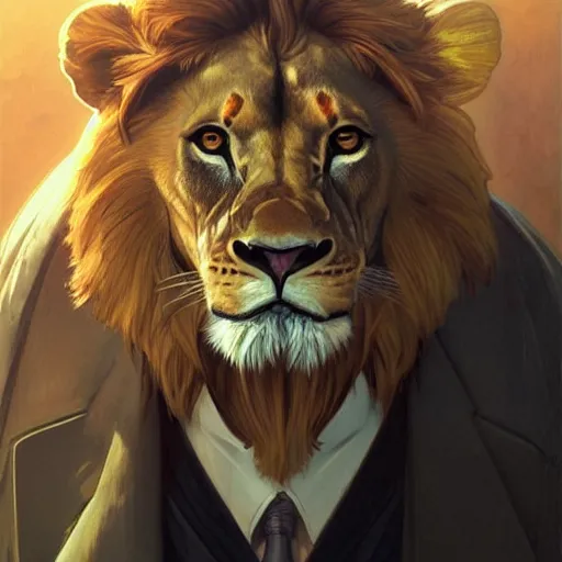 Prompt: lion in a business suit, artists portrait, futuristic, fantasy, highly detailed, digital painting, concept art, sharp focus, depth of field blur, illustration, art by artgerm and greg rutkowski and alphonse mucha