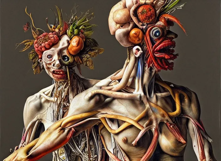 Image similar to human figures by arcimboldo in a dramatic poses, extra limbs, inside a grand ornate room, highly detailed, expressive, surrealism, dystopian, painting by jenny saville and charlie immer, artstation