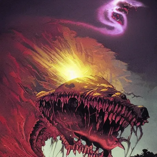 Prompt: tornado creature with bright glowing eyes, fluid, smooth, organic, crazy, high contrast, sharpness, dramatic, by greg rutkowski and siudmak and richard corben and moebius