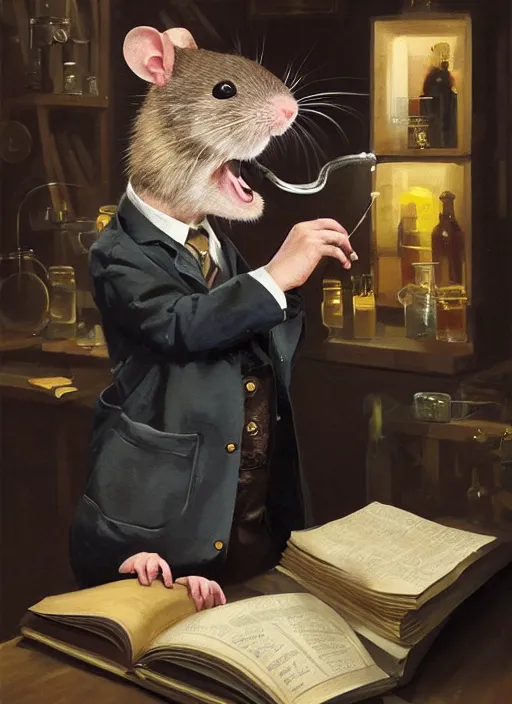 Image similar to oil painting of a cute pet rat dressed as an english professor smoking a pipe, giving a lecture in a university chemistry lab, digital art, artstation, fantasy, cinematic, fine details by realistic shaded lighting poster by ilya kuvshinov katsuhiro otomo, magali villeneuve, artgerm, jeremy lipkin and michael garmash and rob rey