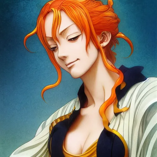 Image similar to intricately detailed vfx portrait of nami from one piece by eiichiro oda, makoto shinkai, alphonse mucha, art by artgerm and greg rutkowski, best of behance, concept art, matte, sharp focus, opulent, orange hair, elegant, adolphe bouguereau, annie leibovitz, stanley kubrick,