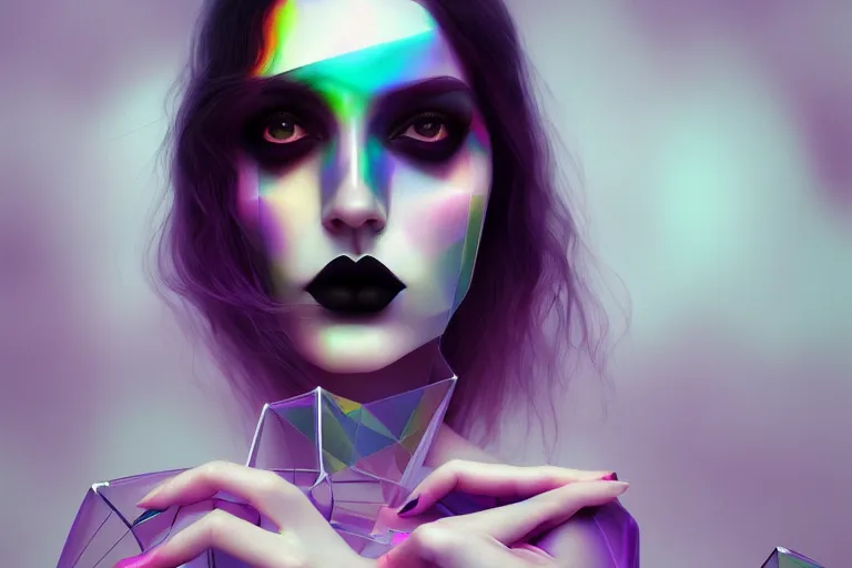 Image similar to surreal Portrait of beautiful goth woman with transparent umbrella in dmt chromatic surreal enviroment, elegant, highly detailed, smooth, photoreal, sharp focus, illustration, beautiful, geometric, dmt trending on artstation, cinematic, artwork by WLOP