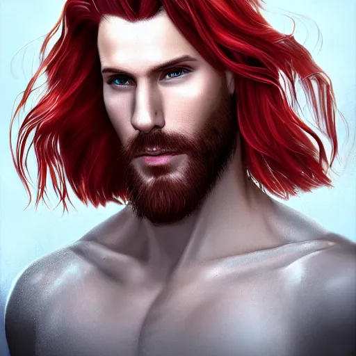 Image similar to portrait of a handsome!!!!! male ship captain with long red hair!!!!!!, 30 years old, upper body, ethereal, muscular, friendly, playful, D&D, hairworks, Unreal 4, fantasy, elegant, highly detailed, digital painting, hairworks, deviantart, artstation, concept art, sharp focus, dramatic lighting, illustration, art by Artgerm and Greg Rutkowski and Alphonse Mucha
