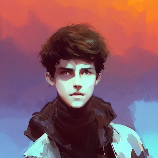 Image similar to portrait of a very masculine teenage girl with blue eyes and brown hair, short men's haircut, smiling, wearing an oversized sweater, dramatic lighting, illustration by Greg rutkowski, yoji shinkawa, 4k, digital art, concept art, trending on artstation