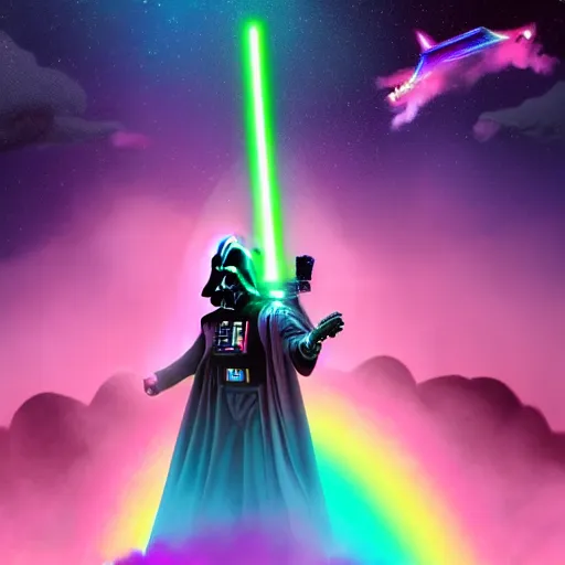 Image similar to beautiful matte painting, rainbow colored pink pink darth vader wearing pink wearing pink, riding a unicorn, riding a unicorn, riding a one-horned unicorn over a glittering rainbow, in psychedelic space, by lisa frank and dan mumford, octane render, HDR, vivid color, volumetric lighting, unreal engine, concept art, CGsociety, trending on artstation