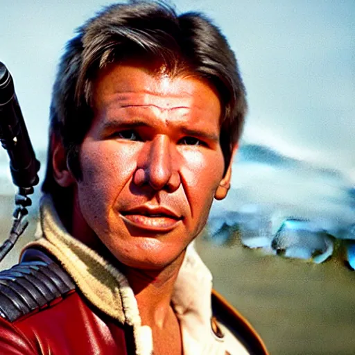 Prompt: film still of 1980s Harrison Ford as Star Lord in Guardians of the Galaxy