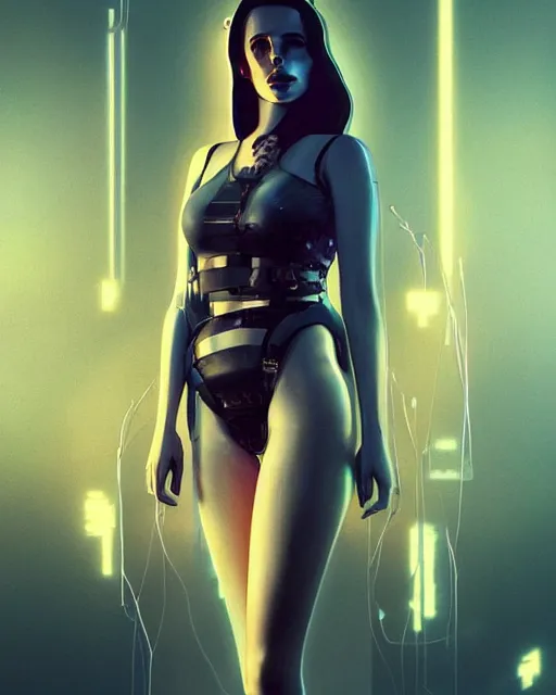 Image similar to portrait of lana del rey as a cyberpunk cyborg. sci - fi intricate abstract. intricate artwork, tear drops, roses, by tooth wu, wlop, beeple, dan mumford. concept art, octane render, trending on artstation, greg rutkowski, asymmetrical, cinematic arthouse, key art, hyper realism, iridescent accents