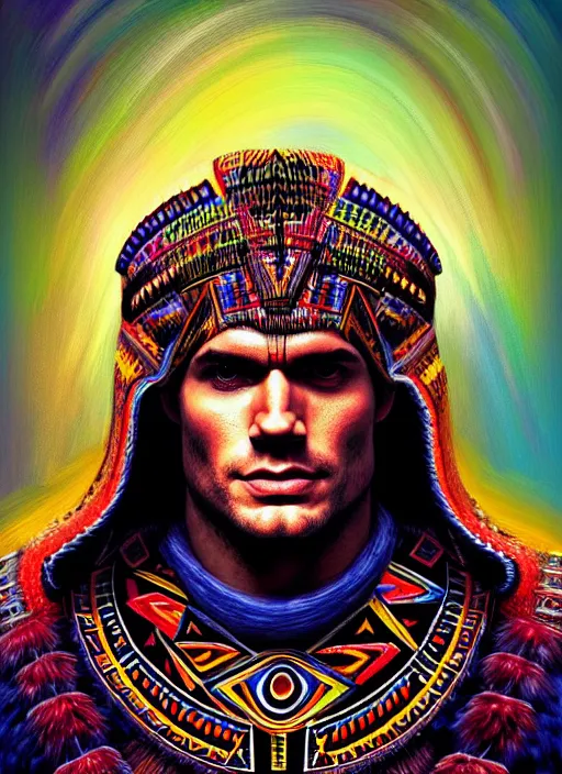 Image similar to portrait of henry cavill, hyper detailed ultra sharp aztec shaman warrior. trending on artstation, warpaint aesthetic, bloodwave, colorful, psychedelic, ornate, intricate, digital painting, concept art, smooth, sharp focus, illustration, art by artgerm and greg rutkowski and h. r. giger, 8 k