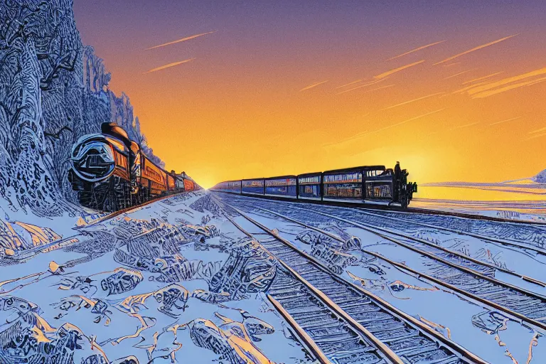 Image similar to trans - siberian express train ultrafine drawing by joe fenton and syd mead and p. craig russell and barry windsor - smith, artstation, 4 k, graphic novel, concept art, matte painting, beautiful russian winter landscape sunset background, golden hour, art nouveau, sharp