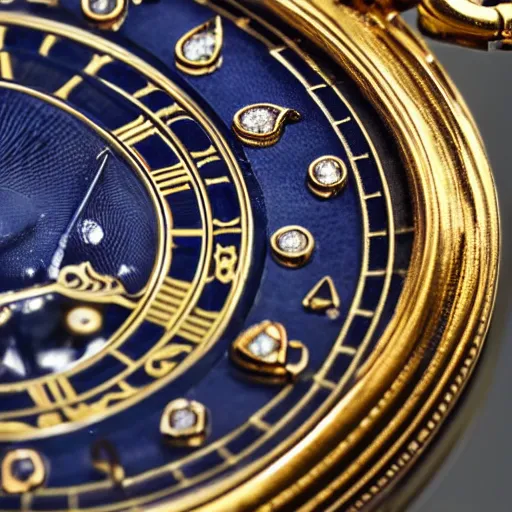 Prompt: close up photo of a sapphire and gold pocket watch, high detail, complex